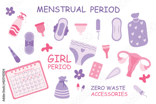 Accessories for menstruation. Products for women's period tampons, pads, menstrual cup, heating pad.