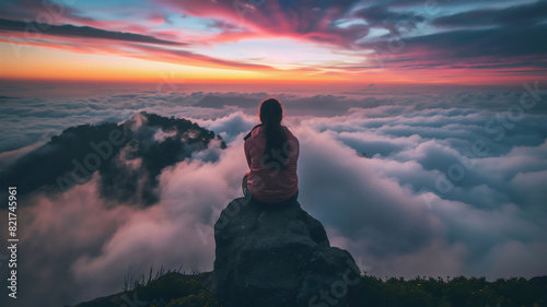 Young woman seated atop a mountain  overlooking clouds at sunset  presenting a fantastical vista of nature s wonders  evoking awe and serenity in the breathtaking beauty of the landscape.