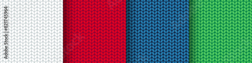 Vector Christmas knitted seamless patterns set. Red, white, blue and green knit texture. Knitted wool fabric texture for background, wrapping paper, textile design, decoration