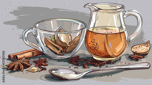 Glass pitcher cup of masala chai or spiced tea spoon