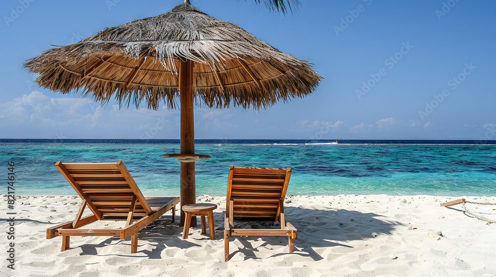 Fototapeta premium A pair of chairs rests under a straw umbrella on the sand beside a water body