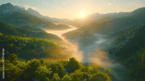 Majestic Mountain Landscape at Sunrise with Misty Valleys and Natural Beauty showcasing Environmental Conservation and Sustainability
