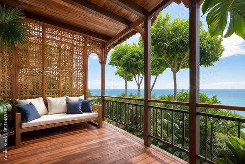 Tropical Balcony Design With Wooden Pergola