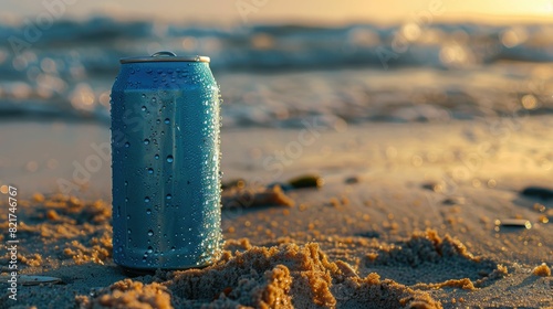 An aluminum can of beer lies in the sandy beach, its contents a refreshing liquid beverage waiting to be enjoyed under the sun AIG50