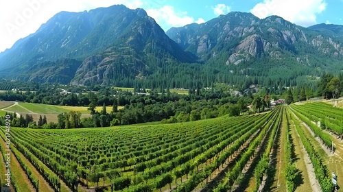   An aerial view of a vineyard surrounded by mountains and trees in the foreground  with a valley visible in the background
