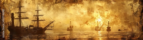 A historical timeline with gold mines and oil rigs, illustrating the evolution of wealth sources, sepia tones, Vintage, Digital Art