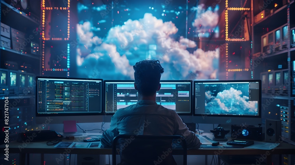 Obraz premium Futuristic Media Production Studio Leveraging Cloud Technologies for Dynamic Video Editing Special Effects and Remote