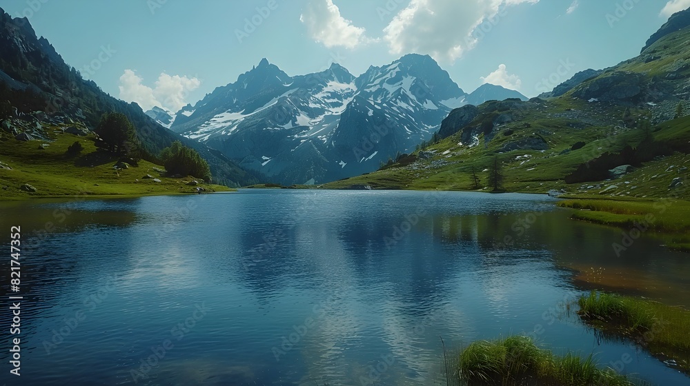 Serene Mountain Landscape with Pristine Lake and Snow Capped Peaks Promoting Nature Conservation and Sustainability Serene Mountain Landscape with Pristine Lake and Snow Capped Peaks Promoting Nature Conservation and Sustainability