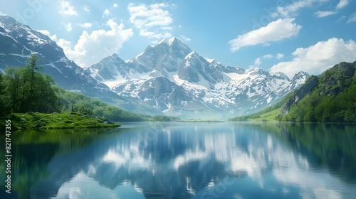 Majestic Snowy Mountain Range Reflected in Serene Alpine Lake Promoting Conservation and Natural Beauty