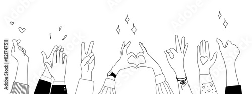Doodle sketch hands up gestures comic icons silhouettes vector set. Group of line art fun comic hands in the air. Voting or happy congratulation audience recognition symbols.