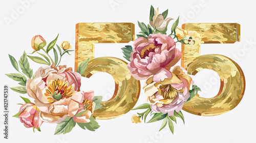 Gold number 5 with watercolor flowers peonies and lea photo