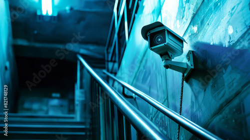 A CCTV camera mounted on the side of a staircase, monitoring the area for security purposes photo