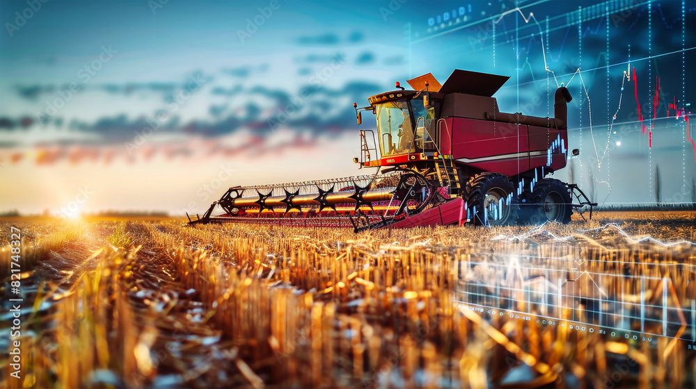 Fototapeta premium A combine harvester reaping crops in a vast field, surrounded by stock exchange charts tracking agricultural product prices