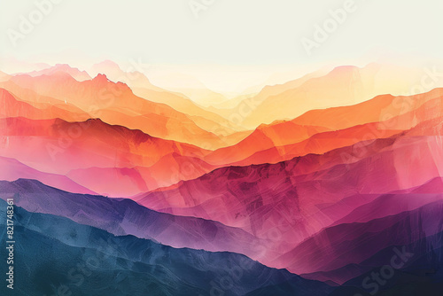 Abstract landscape with vibrant colored layers evoking a serene and dreamy mountain scenery, perfect for backgrounds or artistic themes. © enterdigital