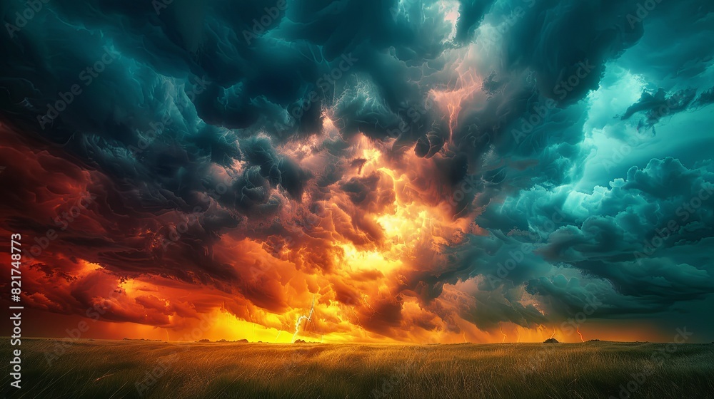 Dramatic sunset storm clouds over a field with vivid colors. Perfect nature background showcasing the power and beauty of a stormy sky.