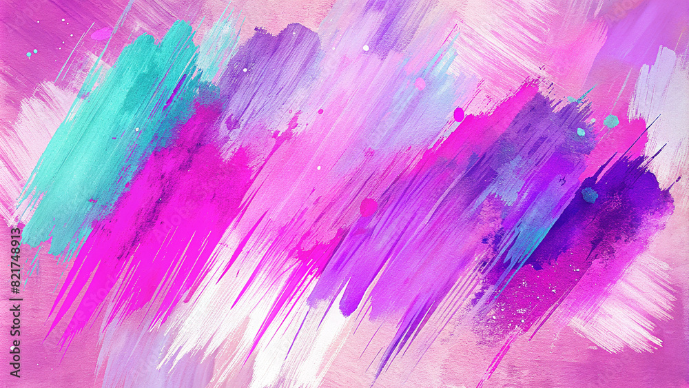 Expressive Abstract Painting with Dynamic Strokes and Splatters in Vibrant Shades of Pink, Purple, and Blue on Canvas.