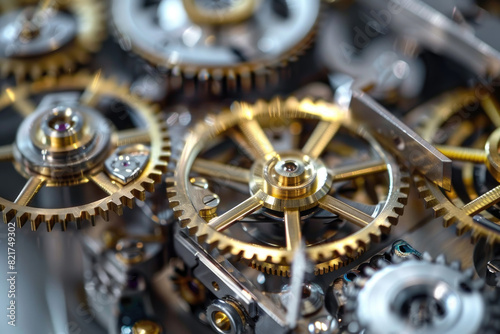 Detailed view of a clock mechanism with visible gears and cogs in motion, showing intricate inner workings © sommersby
