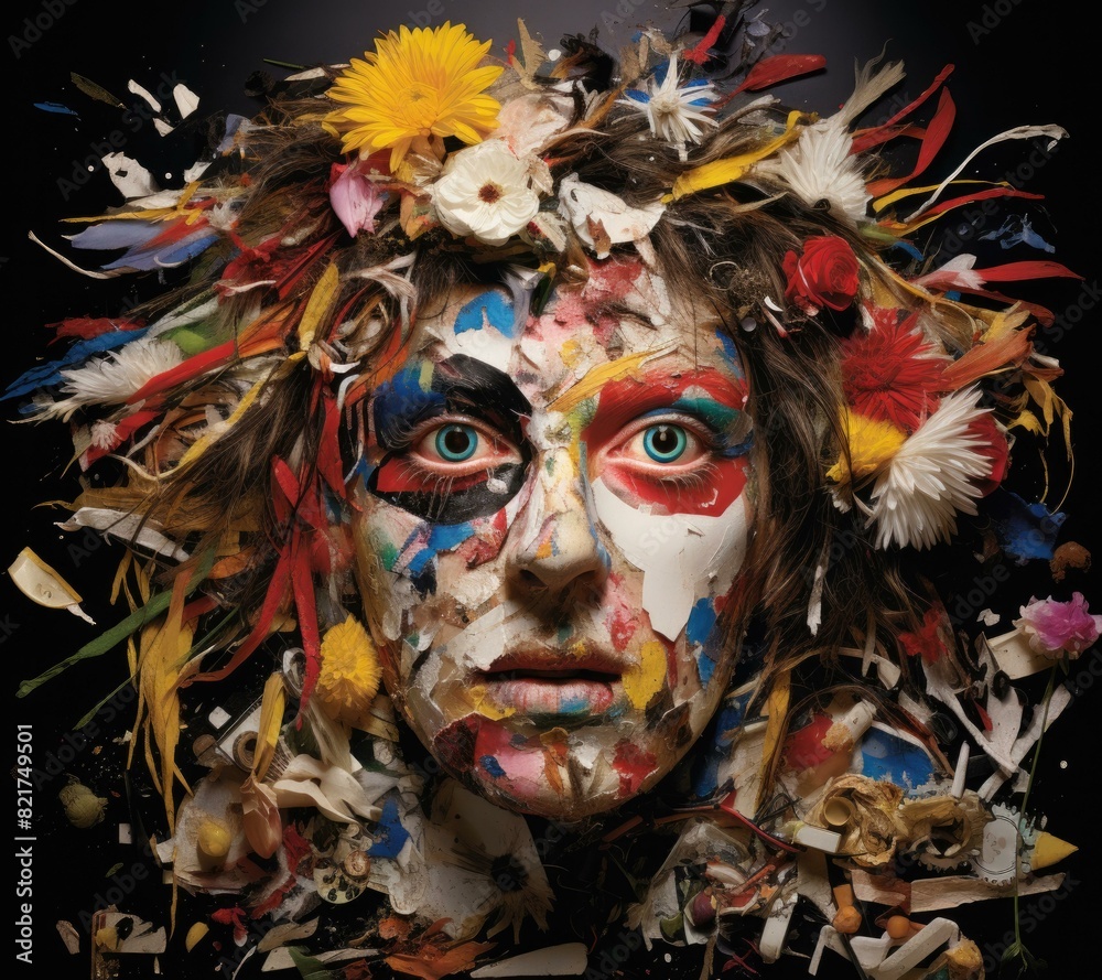 A portrait of a person with flowers, leaves, and other natural elements on their face and head. AI. A portrait of a person with flowers, leaves, and other natural elements on their face and head. AI.