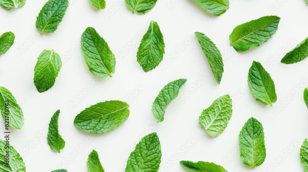 Fresh Green Mint Leaves on White Background Fresh Green Mint Leaves on White Background