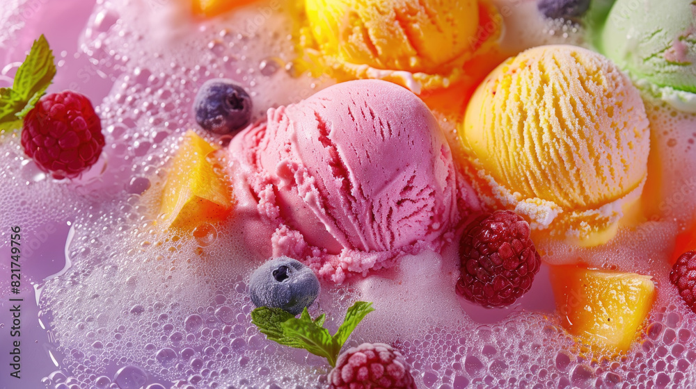 Various flavors of ice cream and fresh fruits displayed on a vibrant pink background Various flavors of ice cream and fresh fruits displayed on a vibrant pink background
