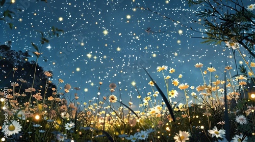  A field full of white and yellow daisies  illuminated by a blue sky with stars in the night sky above