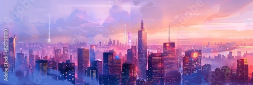 A pastel city skyline at dusk, with soft lights and colors