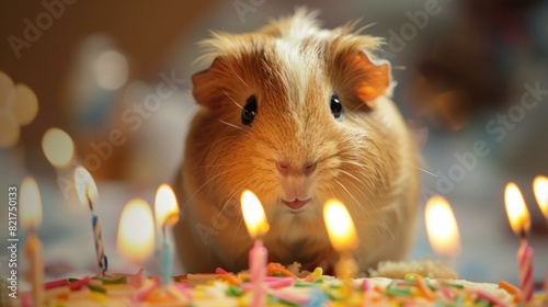 A cute guinea pig sits in front of a birthday cake with lit candles. AI.