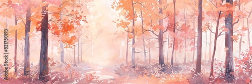 A pastel forest in the fall  with leaves in soft oranges and pinks