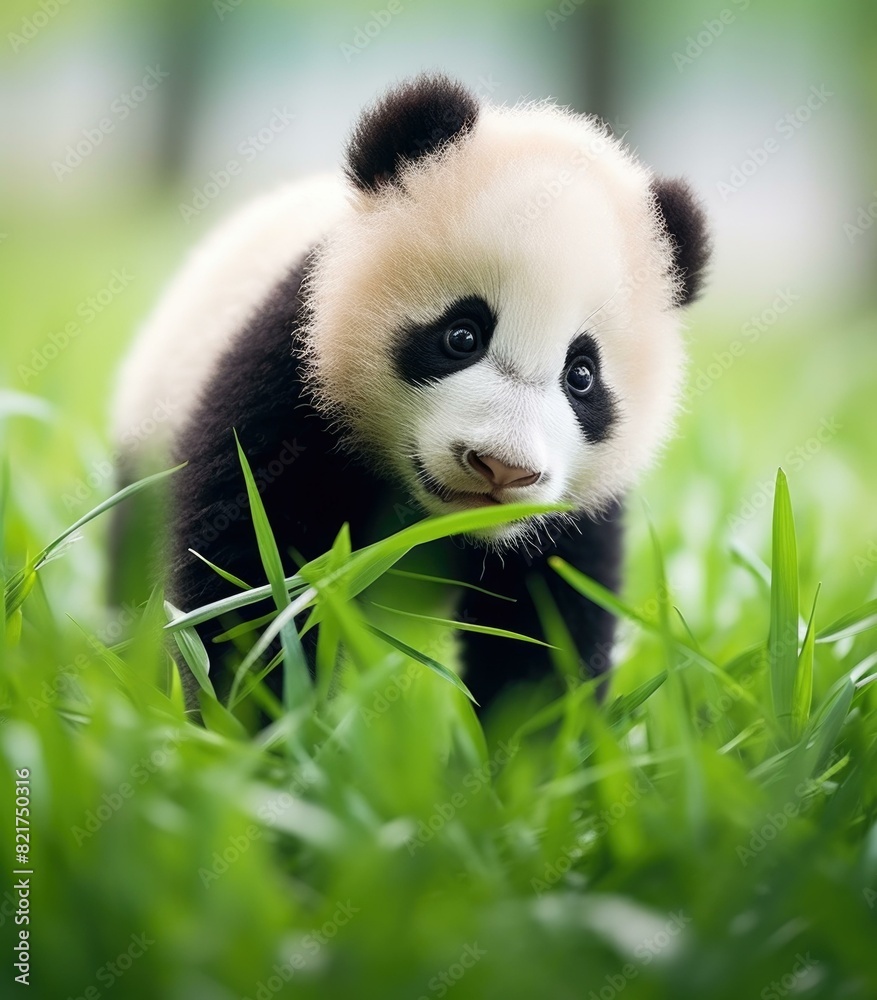 Fototapeta premium This baby panda is munching on some bamboo, enjoying its natural habitat. AI.