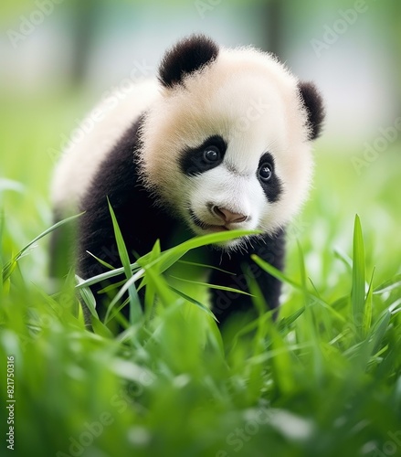 This baby panda is munching on some bamboo, enjoying its natural habitat. AI. photo