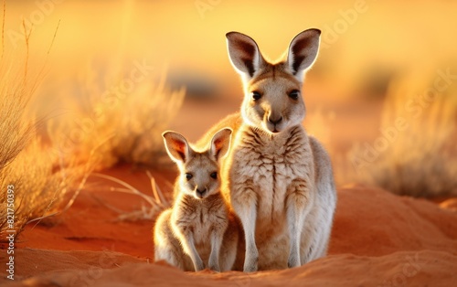 A kangaroo and her joey in the Australian outback. AI.