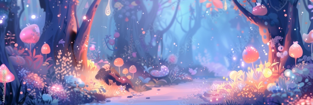 A whimsical pastel forest with magical creatures and soft lights
