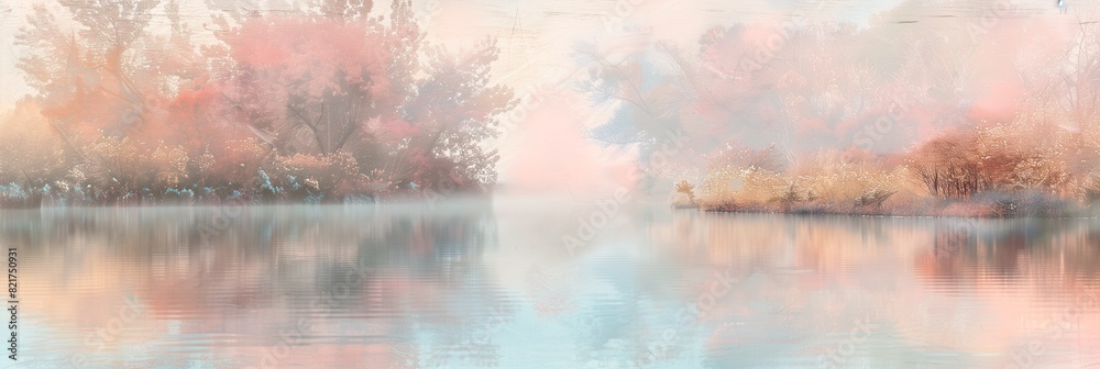 Naklejka premium A tranquil pastel riverbank with soft reflections in the water