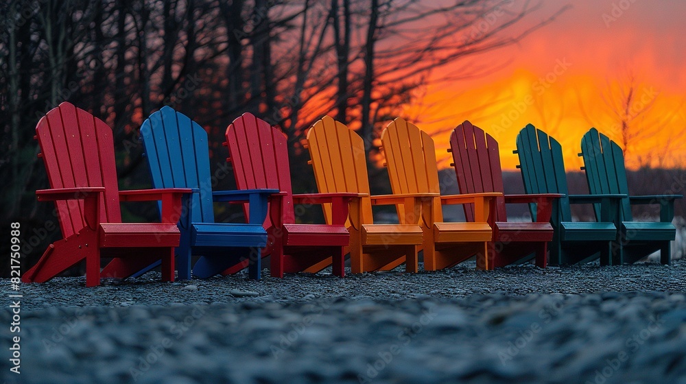Obraz premium Adirondack chairs in bright colors on gravel, in front of a fiery sky