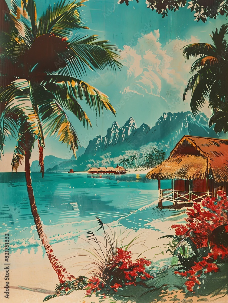 A vibrant painting depicting a tropical beach with lush palm trees swaying in the wind, set against a backdrop of crystal-clear azure waters. Generative AI A vibrant painting depicting a tropical beach with lush palm trees swaying in the wind, set against a backdrop of crystal-clear azure waters. Generative AI