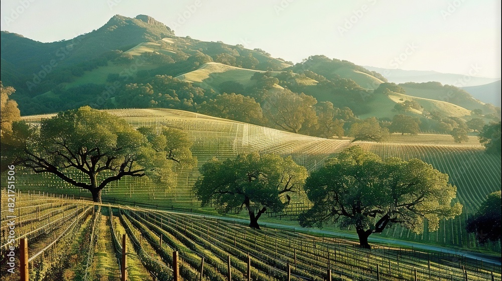 Fototapeta premium A picturesque image of a vineyard surrounded by trees and rolling hills