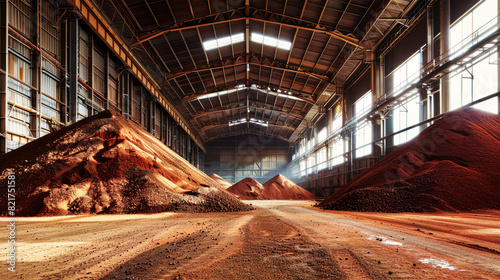 A large pile of vibrant red dirt dominates the warehouse space, a byproduct of the mining and processing of potash fertilizers photo