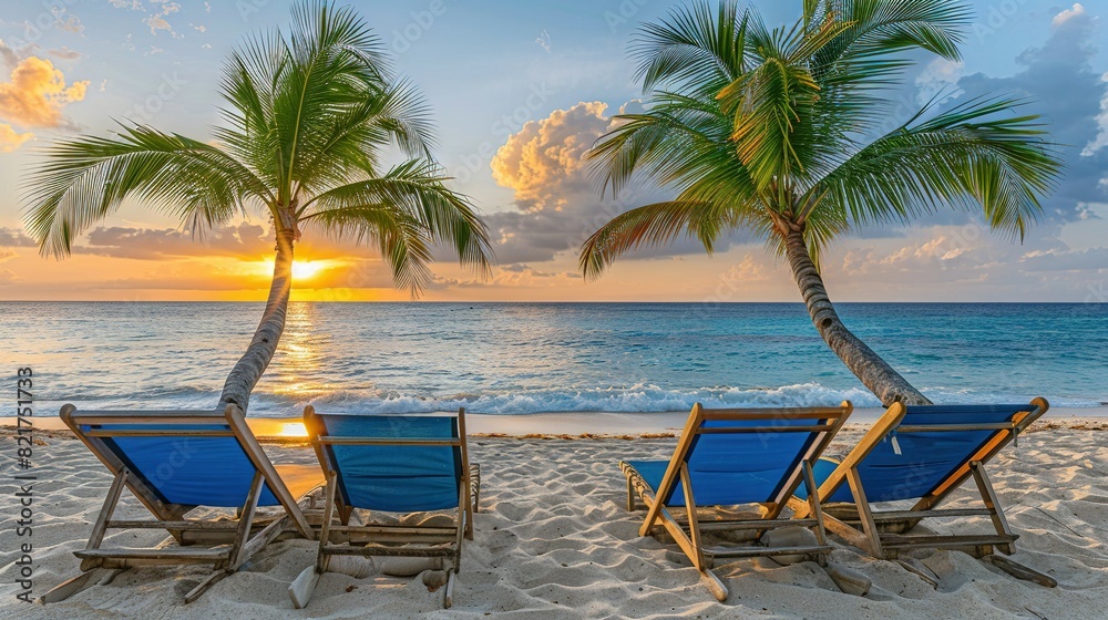   A few lawn chairs rest on a sandy shore beside a tall palm tree, with the vast ocean as their backdrop