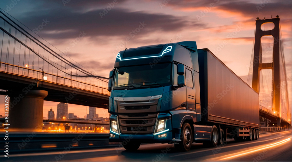 A truck with a semi-trailer transporting containers across a city bridge in the light of the evening sunset. A truck with a semi-trailer transporting containers across a city bridge in the light of the evening sunset.