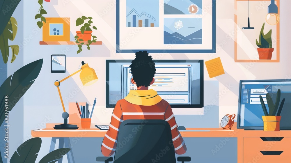 Fototapeta premium Graphic Designer Crafting Visuals: A graphic designer utilizes digital tools and creative flair to craft eye-catching visuals, including logos, advertisements, and illustrations that communicate messa