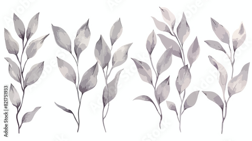 Grey leaves Four  floral illustration for greeting 