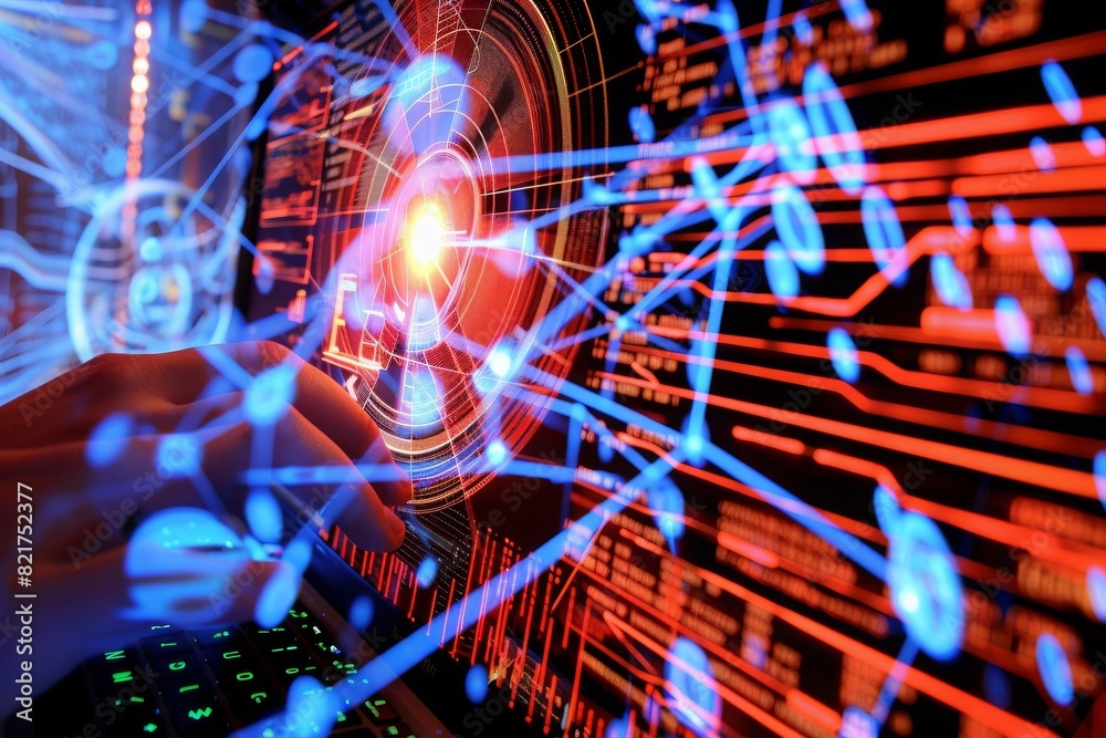 Hands typing code on a laptop with a quantum computing diagram in the background Hands typing code on a laptop with a quantum computing diagram in the background