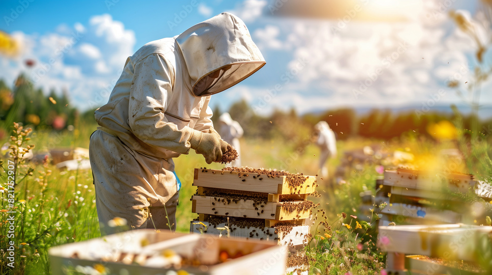 Close view of a beekeeper, checking the beehive box in the honey bee farm. Close view of a beekeeper, checking the beehive box in the honey bee farm.