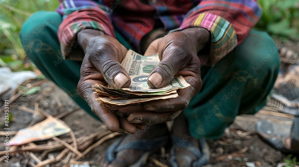 Weathered Hands Holding Crumpled Cash in Outdoor Setting Weathered Hands Holding Crumpled Cash in Outdoor Setting