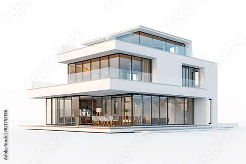 A pearl white modern American house in 3D with eco-friendly features and a compact shape  isolated on a white background.