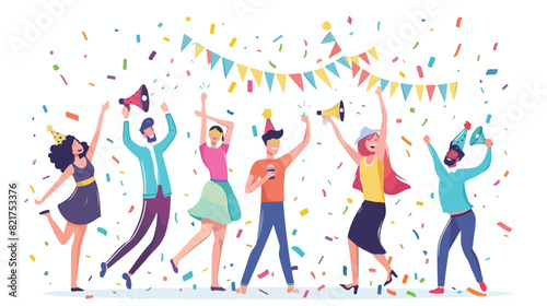 Happy friends have fun and dance on party. Vector 