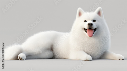 A white dog with a long fluffy coat is lying down and looking at the camera with its mouth open and tongue hanging out.

 photo