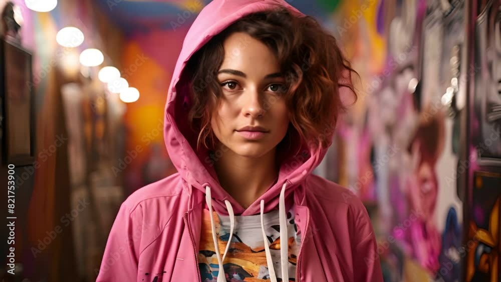 Cheerful teenage hipster woman in the street art , Portrait of hipster girl with multicolored background Cheerful teenage hipster woman in the street art , Portrait of hipster girl with multicolored background