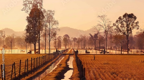   A few people walk down a dirt road through a grassy field with trees in the distance