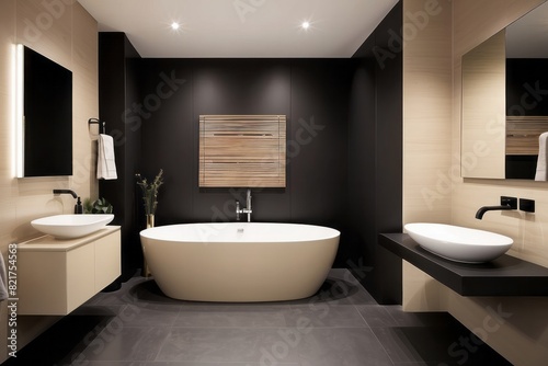 Beige Bathroom Design With Black WC Wall Panel